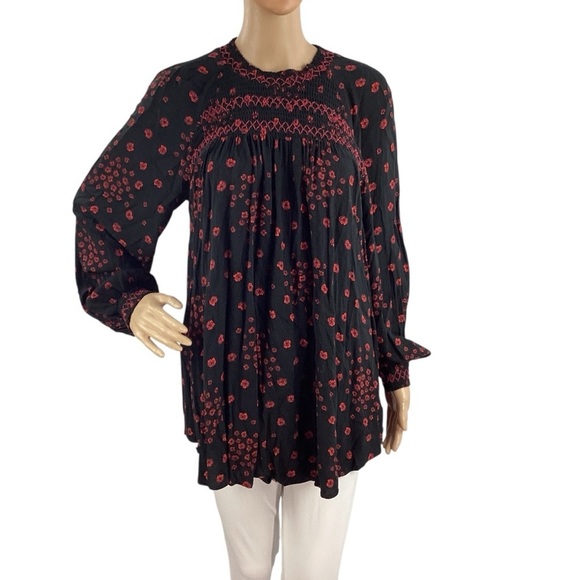 Free People Black Floral Smocked Swing Tunic Mini Dress M - Picture 1 of 7